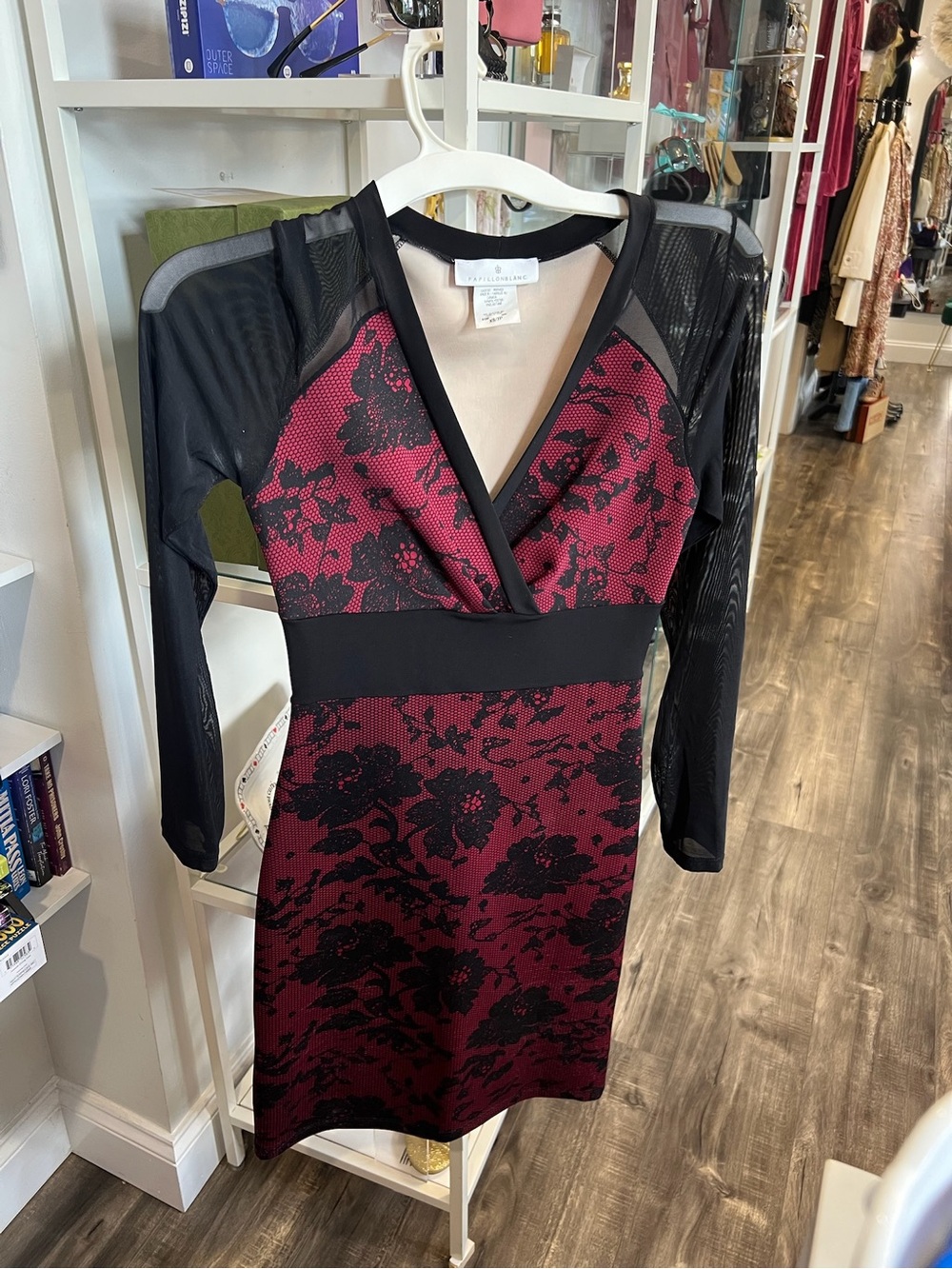 Papillon Blanc Black & Burgundy Lace-Print Long Sleeve Wrap Dress
